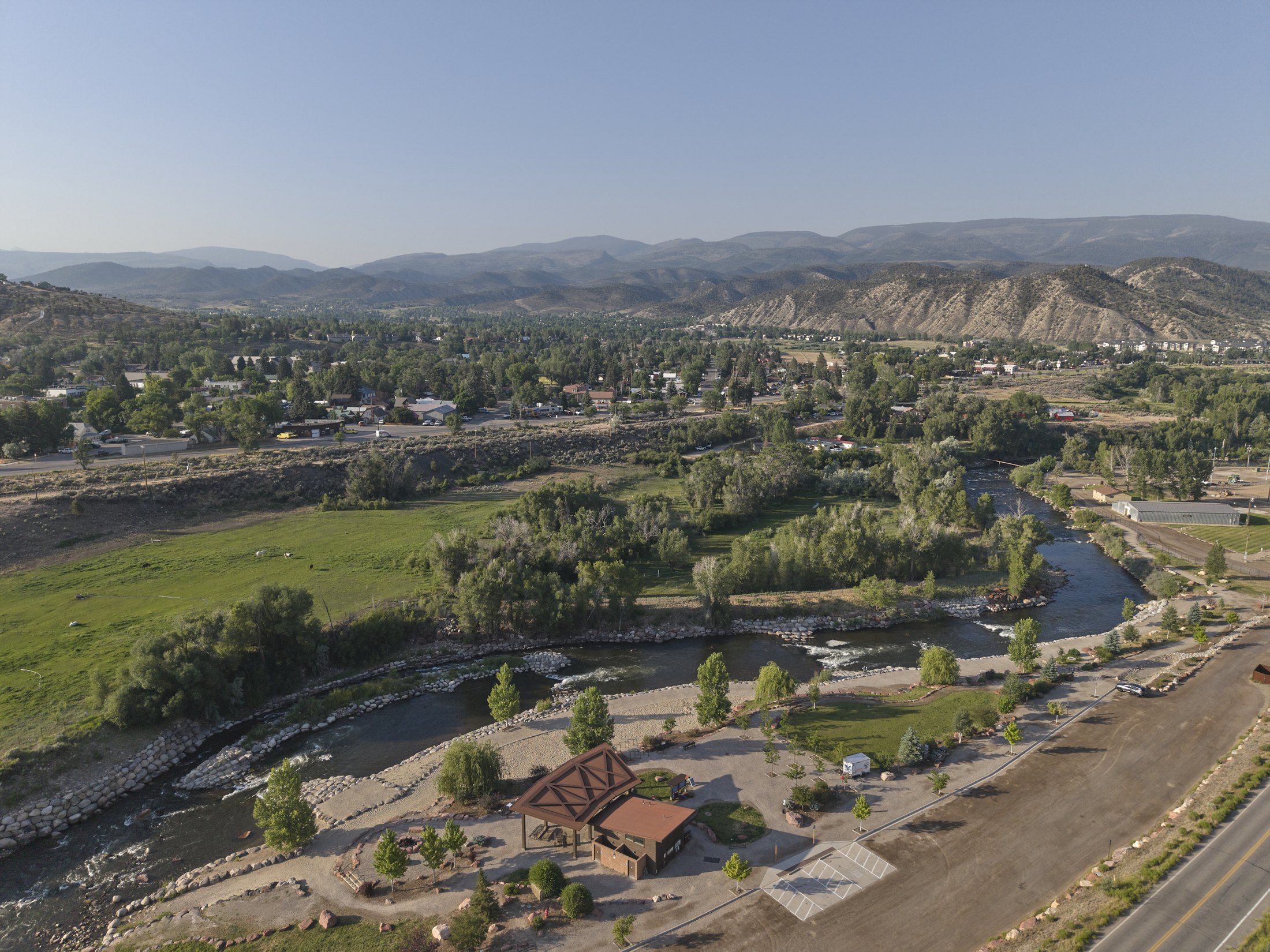 Aerial view of the Eagle River and the down-valley corridor of towns the regional buses connect from Vail to Dotsero