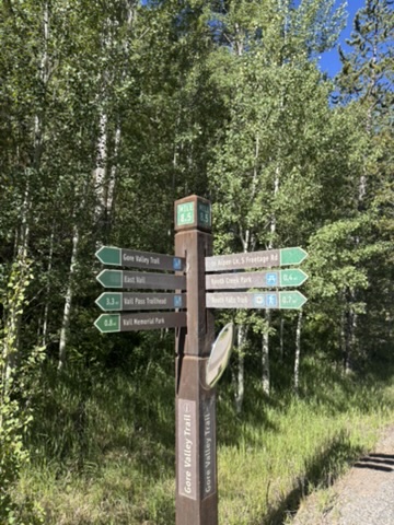 A trail signpost in the aspens pointing toward the Gore Valley Trail and the Vail Pass trailhead, where the paved path meets the dirt